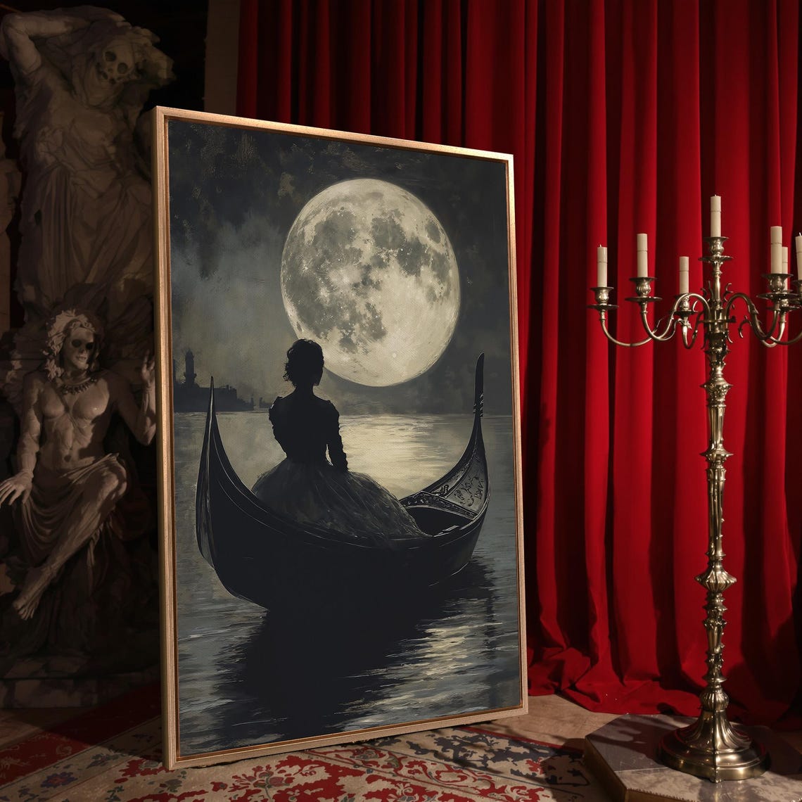 Gothic Woman in Gondola Beneath Pale Glowing Full Moon Night Poster - Image 4