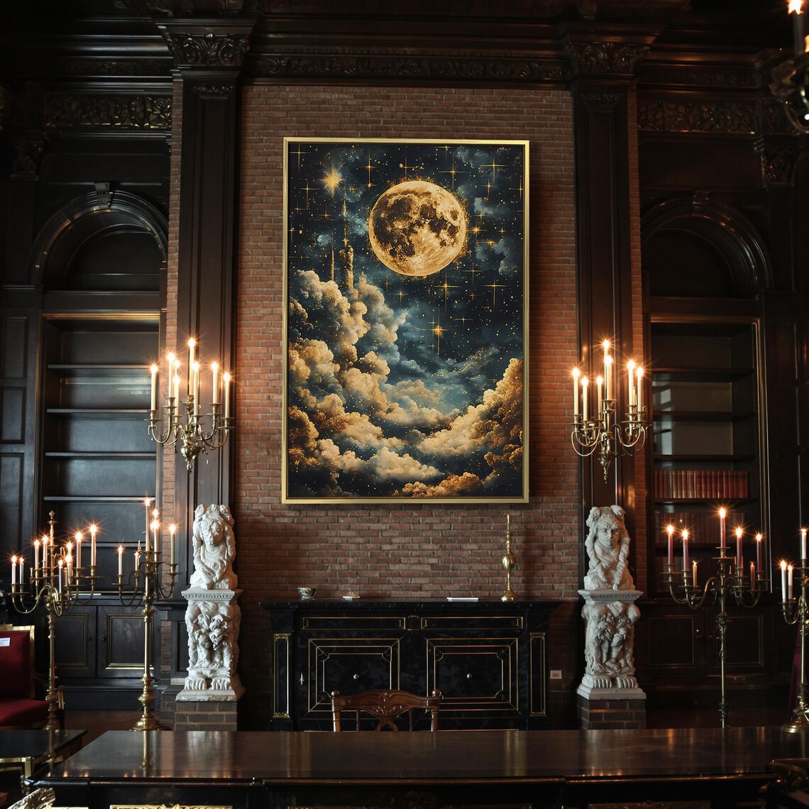 Full Golden Moon Sparkling Stars Billowing Clouds Dreamy Night Sky Wall Poster - Image 2