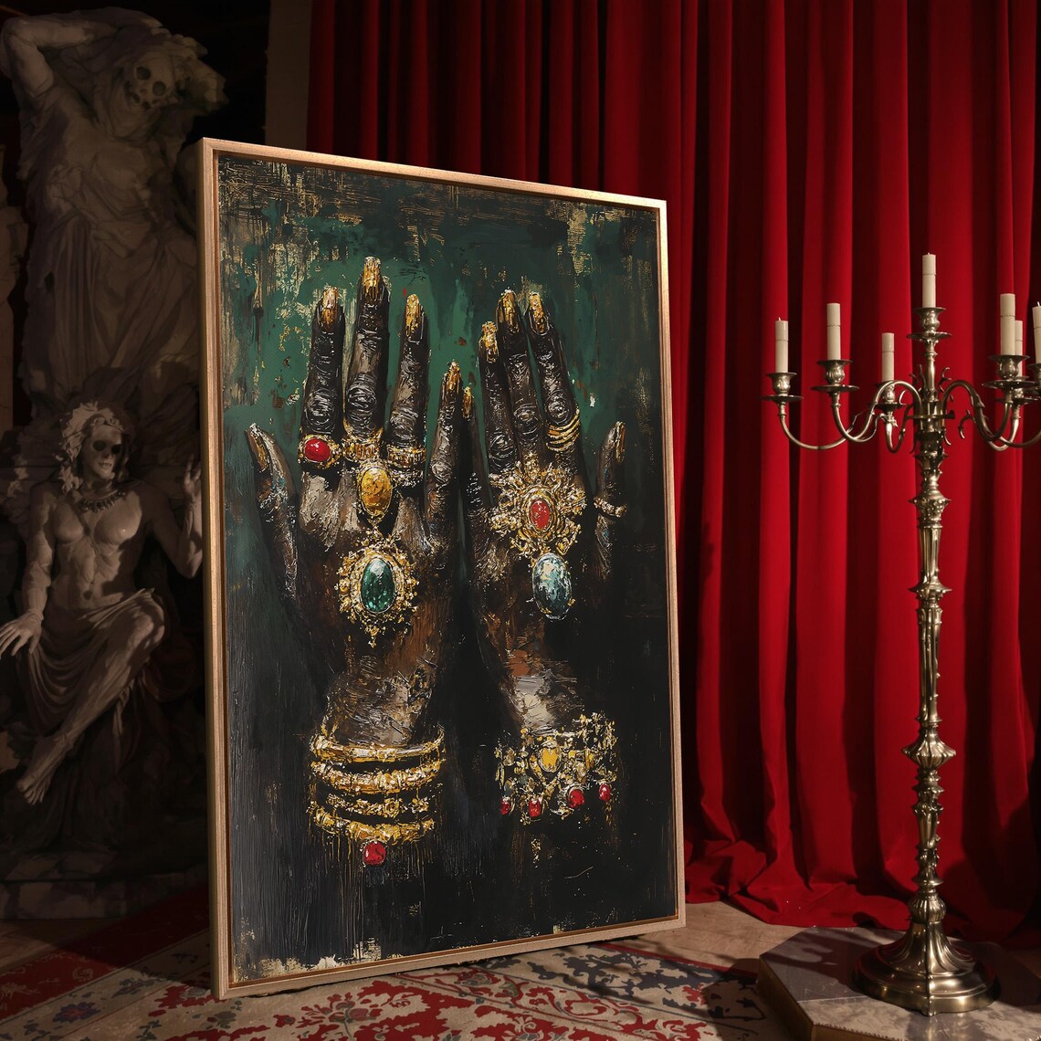 Ornate Gold Jewelry On Dark Hands With Red Gems Gothic Hands Art Poster - Image 4