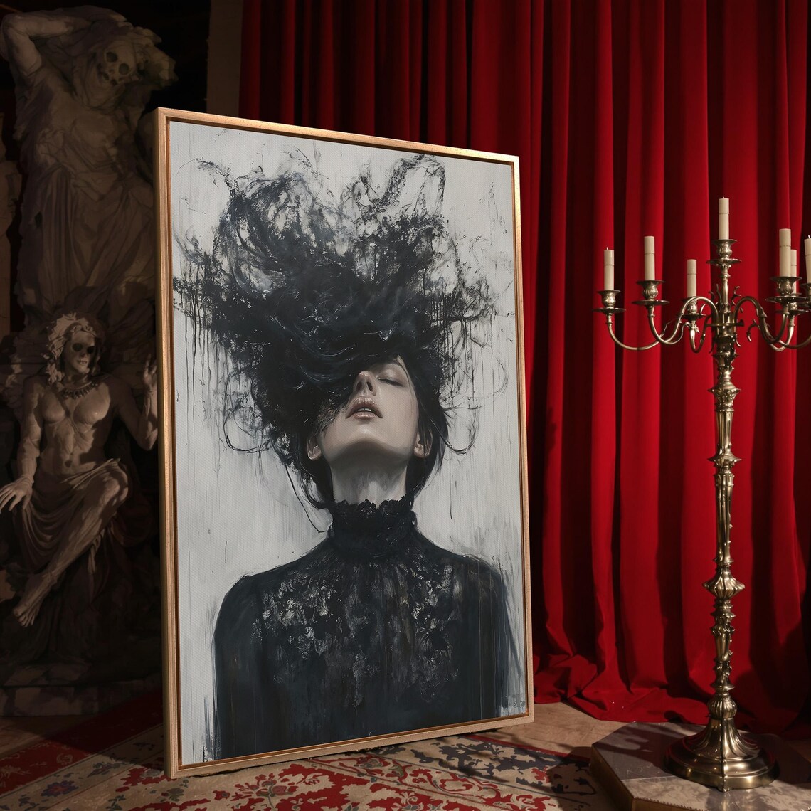 Gothic Woman Wild Black Hair Dark Lace Dress Moody Portrait Poster - Image 4