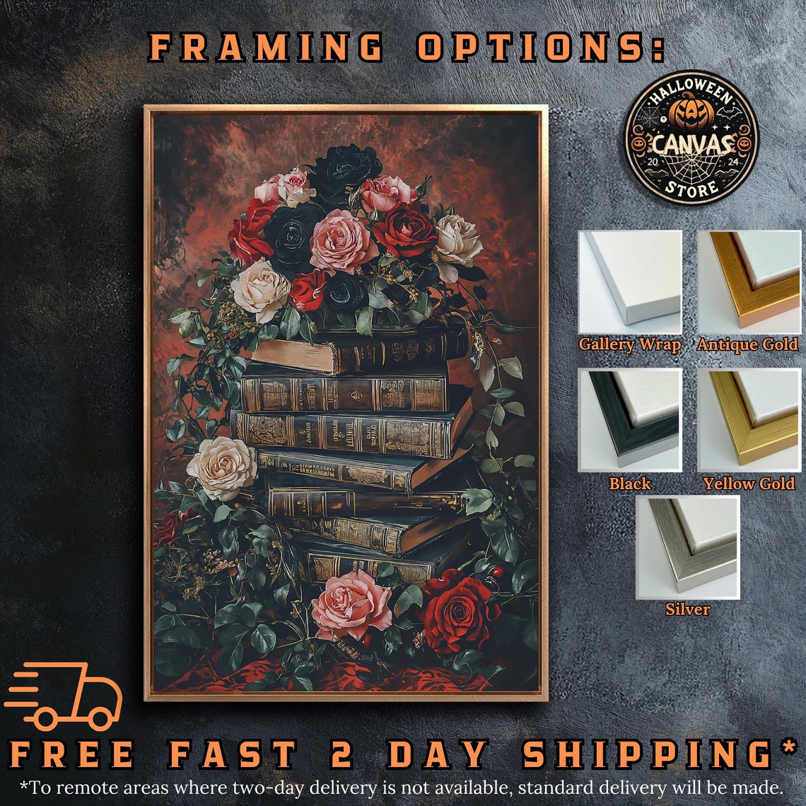 Vintage Book Stack Roses Romantic Dark Floral Gothic Library Art Print - Image 4