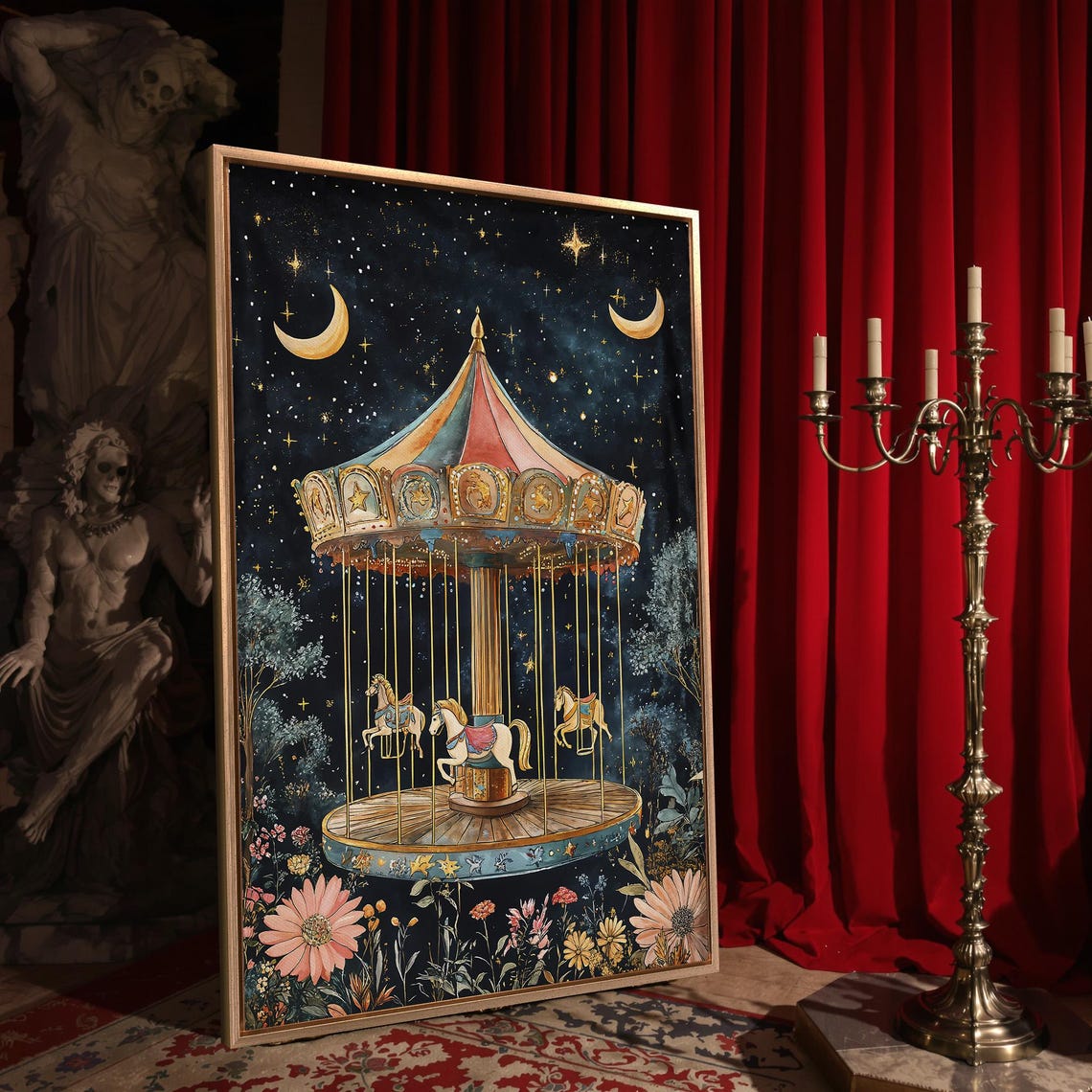 Vintage Carousel Horses Under Moonlit Night Sky Garden Poster - Image 4