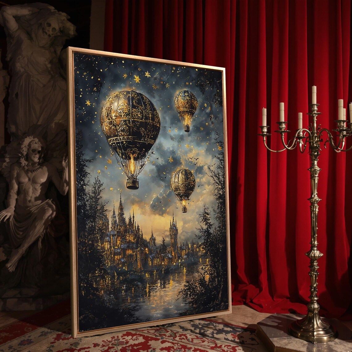 Golden Steampunk Hot Air Balloons Over Medieval City Starry Night Poster - Image 4