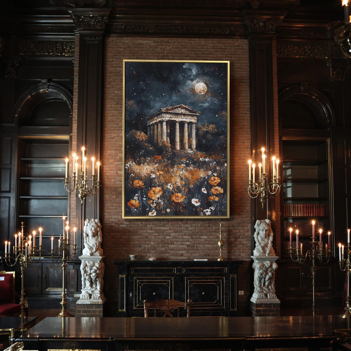 Moonlit Ancient Temple Ruins Wildflower Field Dark Academia Wall Art - Image 2