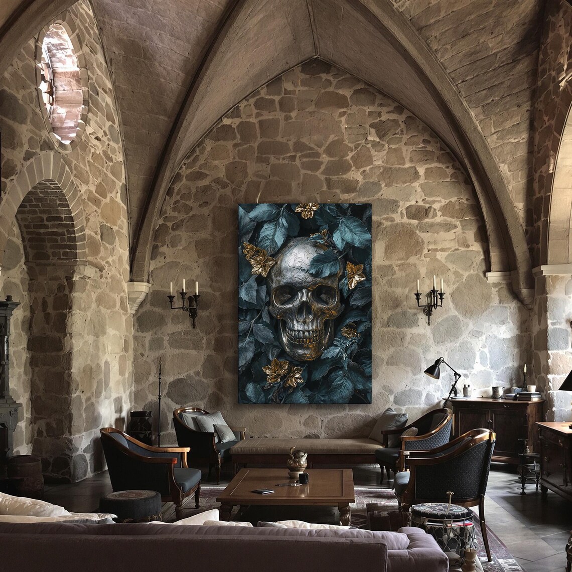 Metallic Skull Teal Leaves Gold Flowers Gothic Memento Mori Dark Wall Art - Image 3