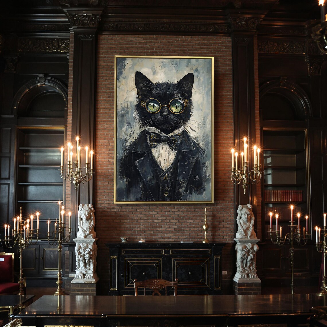 Black Cat In Suit And Bow Tie With Round Gold Glasses Whimsical Portrait Poster - Image 2