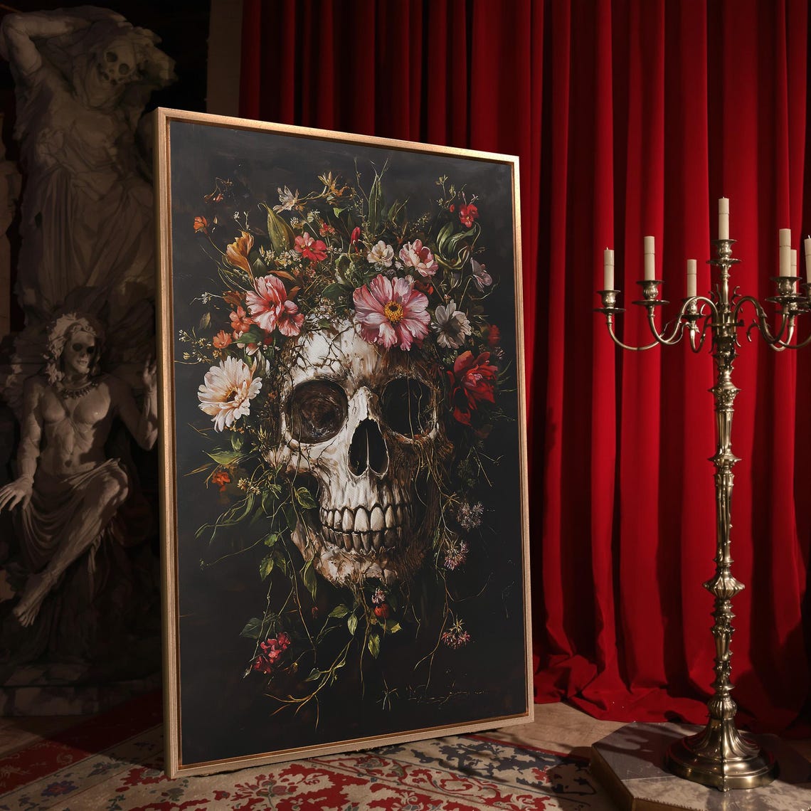 Skull Adorned With Pink and White Wildflower Crown Art Poster - Image 4