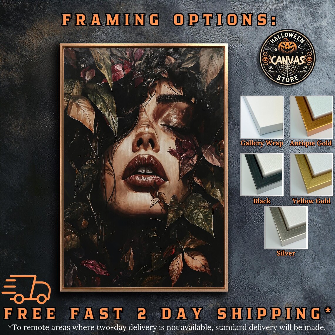 Woman Face With Closed Eyes Among Dark Leaves Red Lips Surreal Botanical Poster - Image 5
