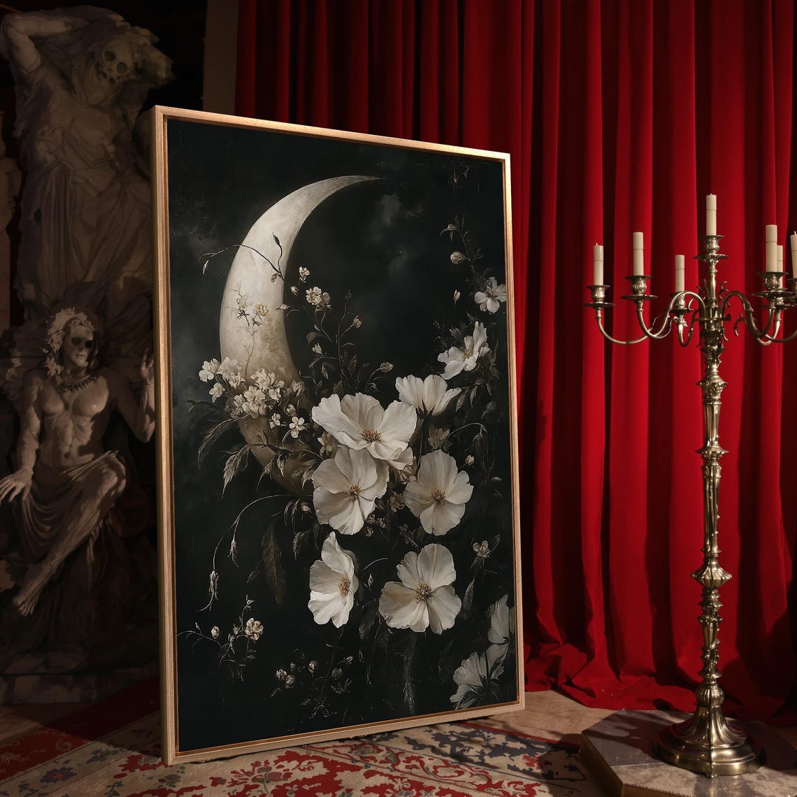 Crescent Moon White Wildflowers Dark Night Floral Gothic Poster - Image 4