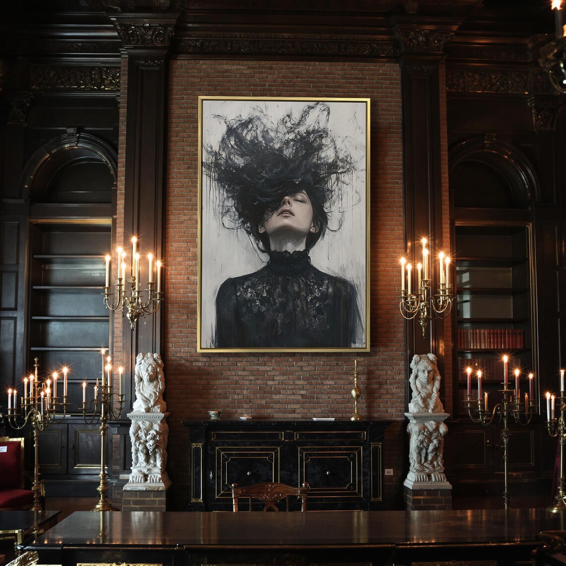 Gothic Woman Wild Black Hair Dark Lace Dress Moody Portrait Poster - Image 2