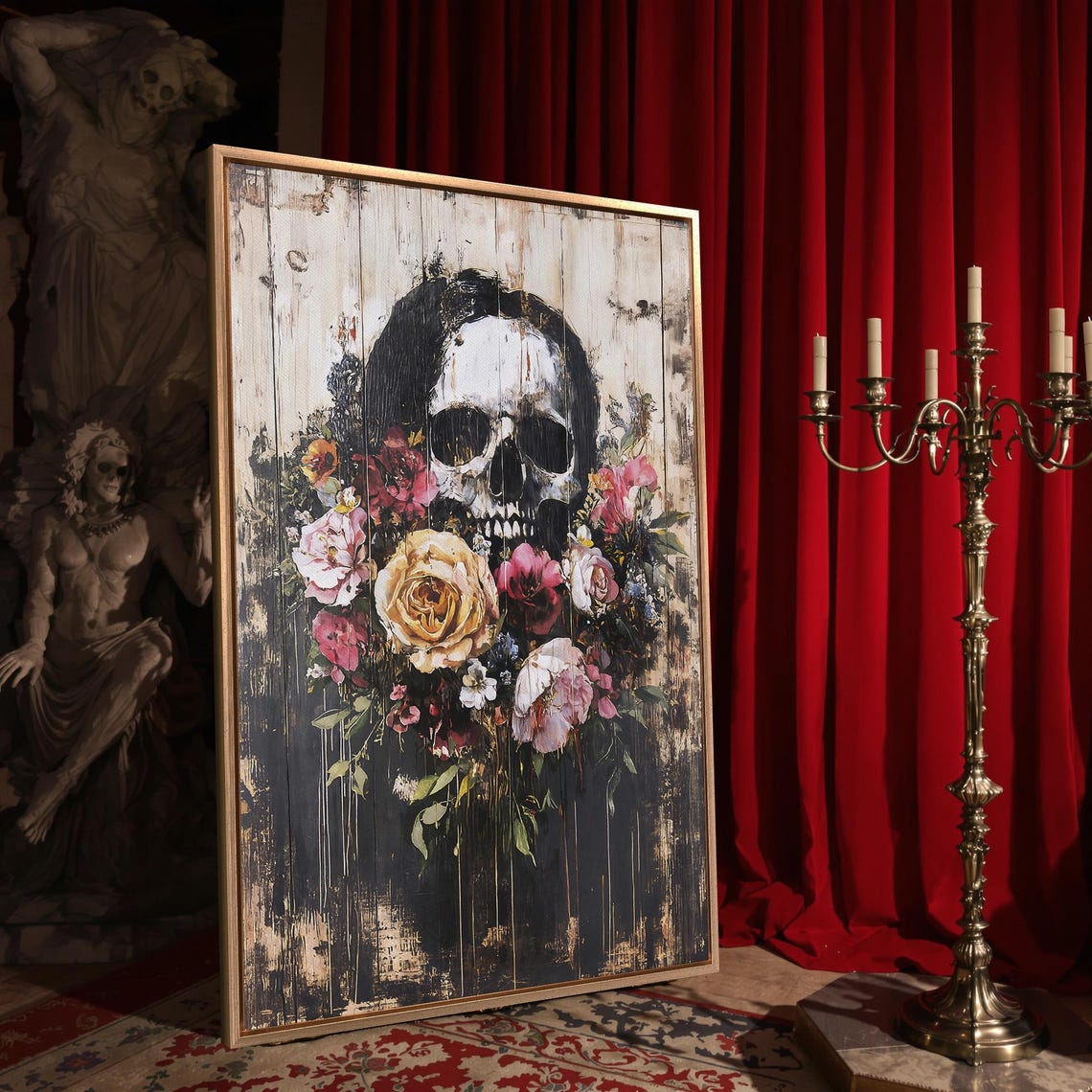 Skull With Blooming Roses On Distressed Wood Dark Floral Gothic Poster - Image 4
