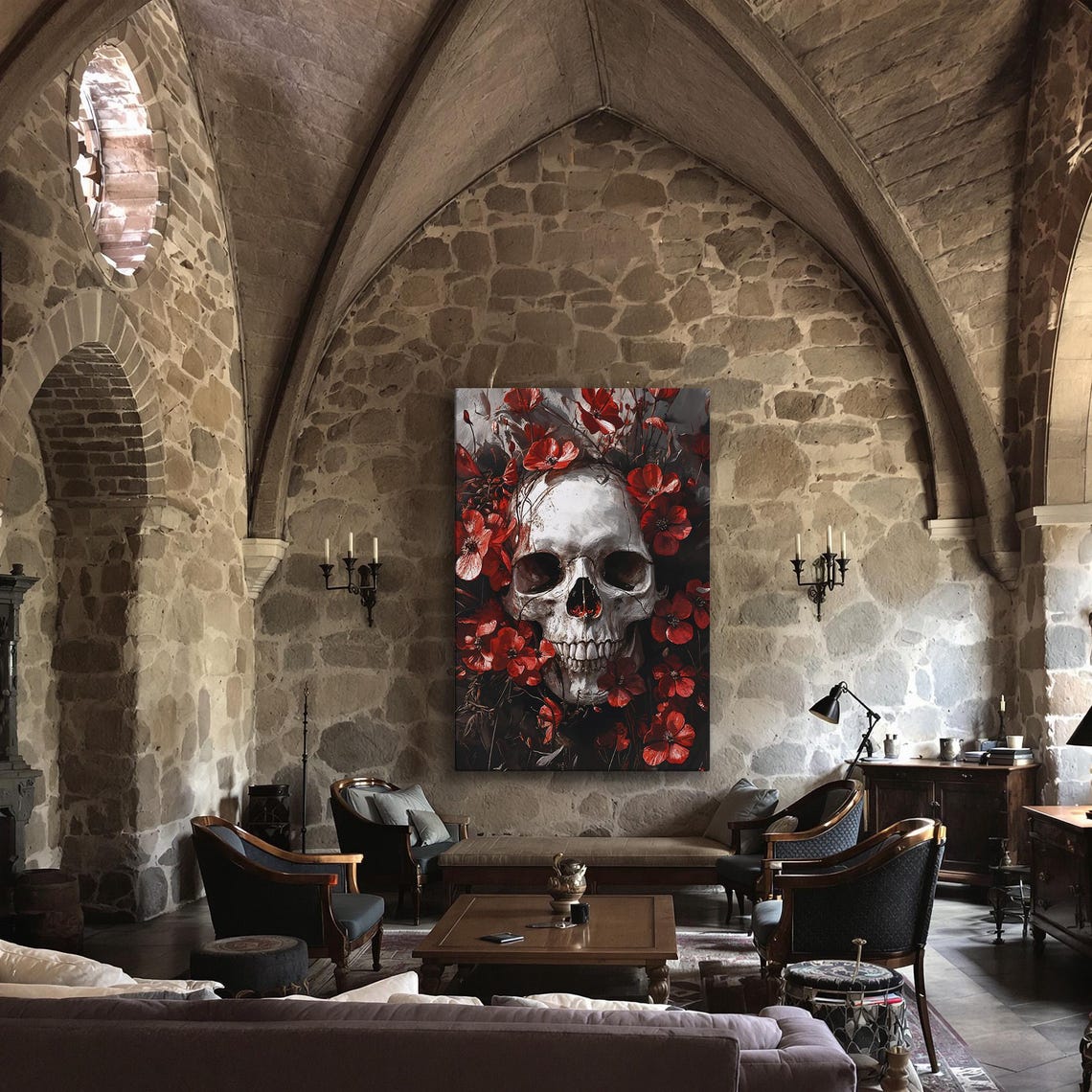 White Skull Surrounded by Red Poppies Dark Floral Macabre Poster - Image 3