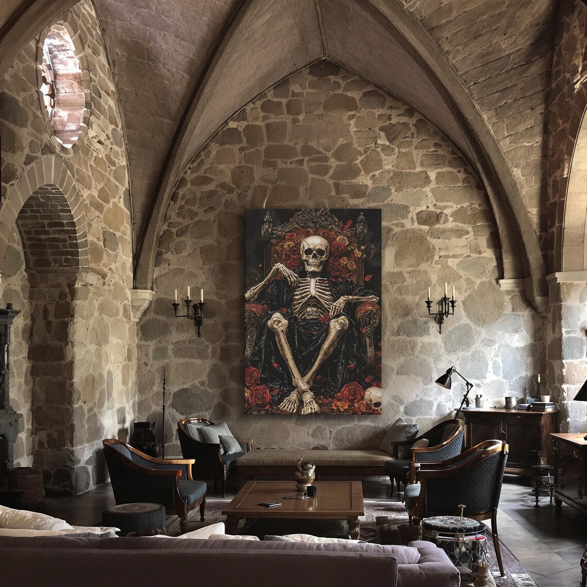 Skeleton King Reclining On Dark Carved Throne With Red Roses Gothic Poster - Image 3