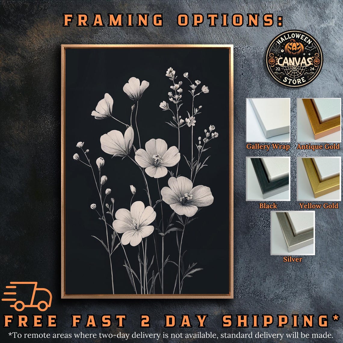 White Wildflowers On Black Background Minimalist Botanical Art Poster - Image 5