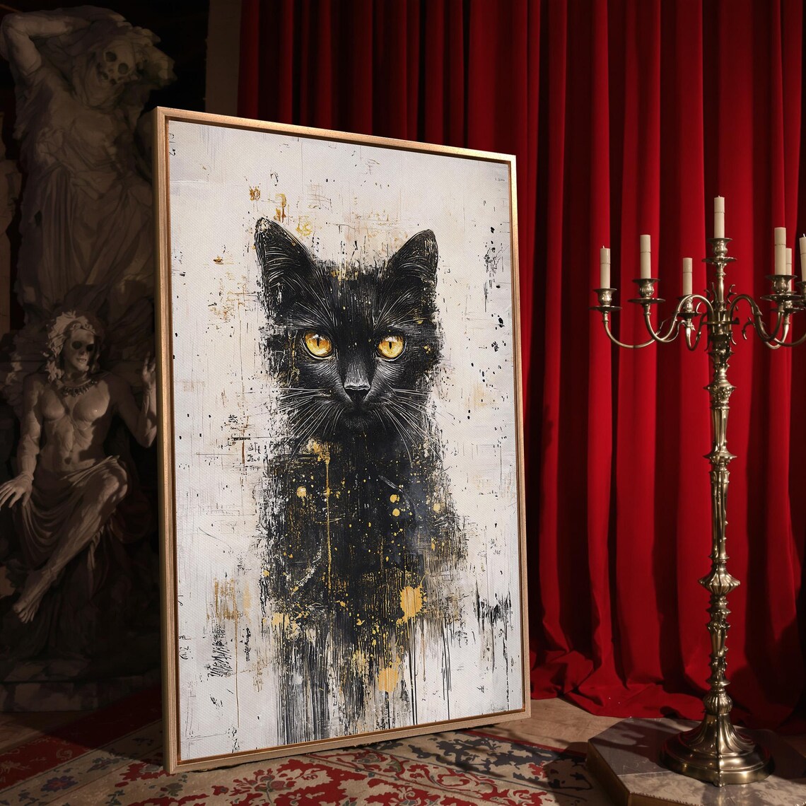 Black Cat Yellow Eyes Abstract Ink Gold Splatter Modern Feline Wall Art Poster - Image 4