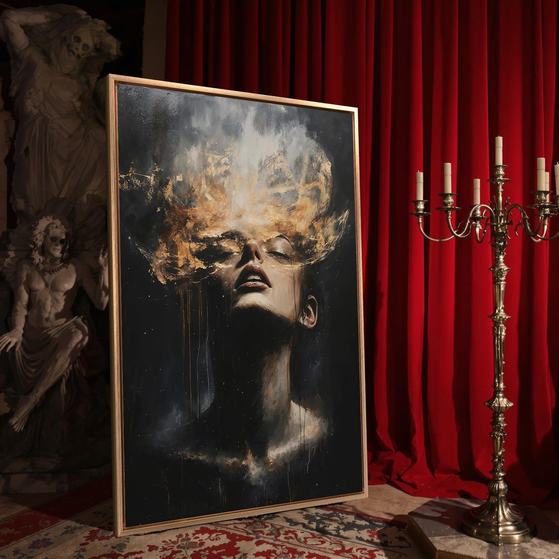 Woman Face Dissolving Into Golden Mist Dark Ethereal Art Poster - Image 4