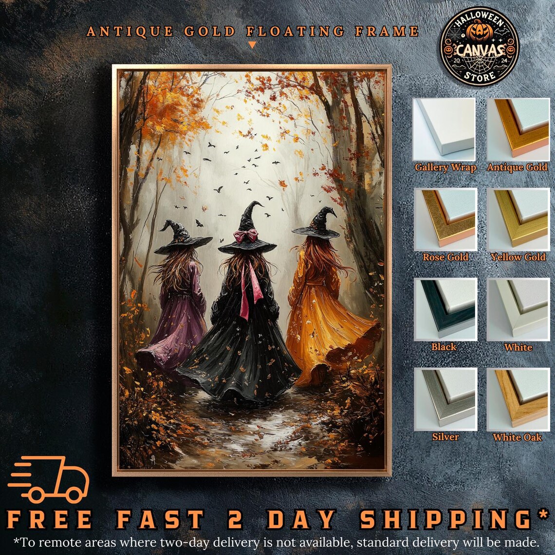 Three Witches in Autumn Forest, Halloween Art Print - Image 2