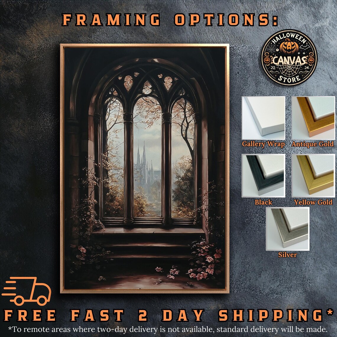 Gothic Window View Fairytale Castle Spires Autumn Dark Medieval Wall Art - Image 5
