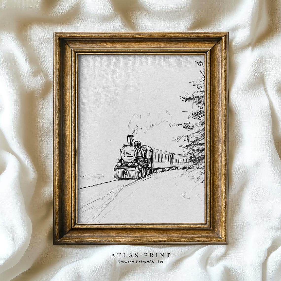 Vintage Steam Train Pencil Sketch Minimalist Winter Rail Art Poster - Image 5