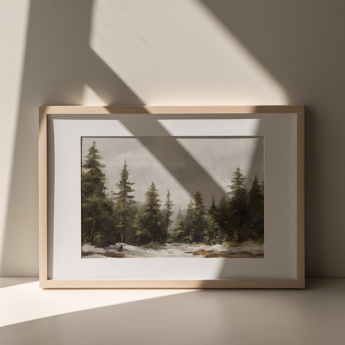 Calm Misty Pine Forest Winter Snowfall Muted Landscape Wall Art - Image 5