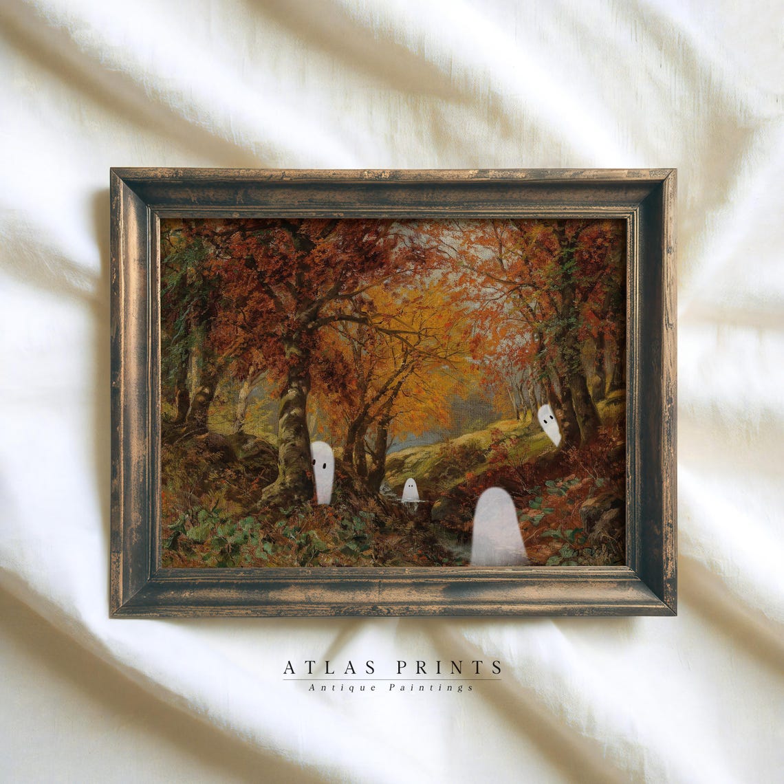 Cute Ghosts Fall Forest Halloween Painting Spooky Cute Autumn Poster