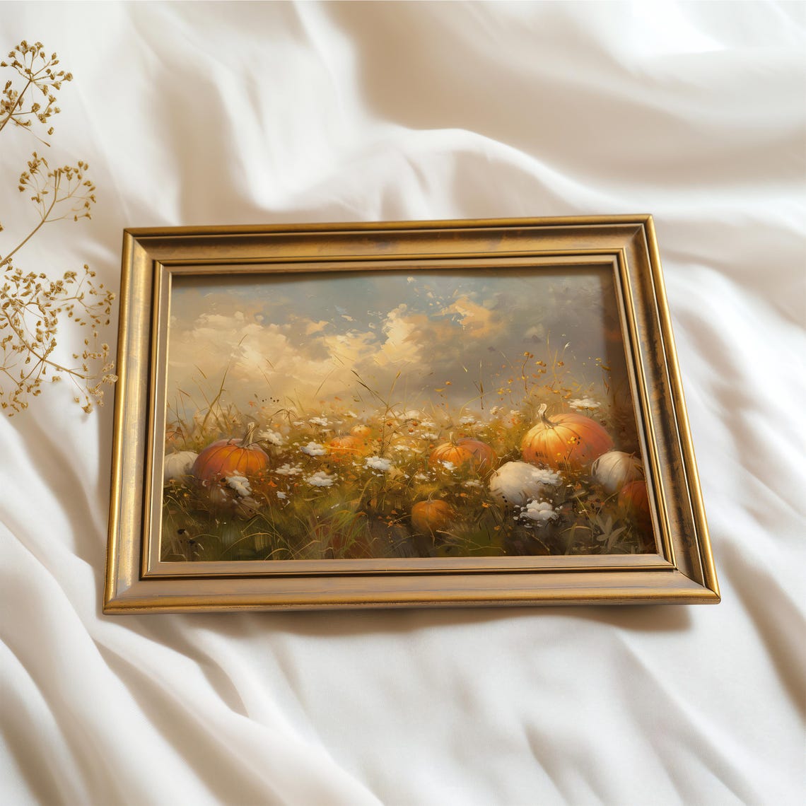Pumpkins In Wildflower Meadow Sunset Fall Harvest Painting Poster - Image 2