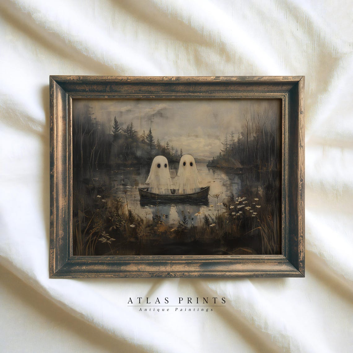 Cute Ghosts In Canoe Dark Moody Lake Halloween Night Wall Art