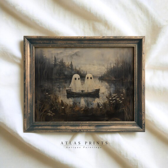 Cute Ghosts In Canoe Dark Moody Lake Halloween Night Wall Art