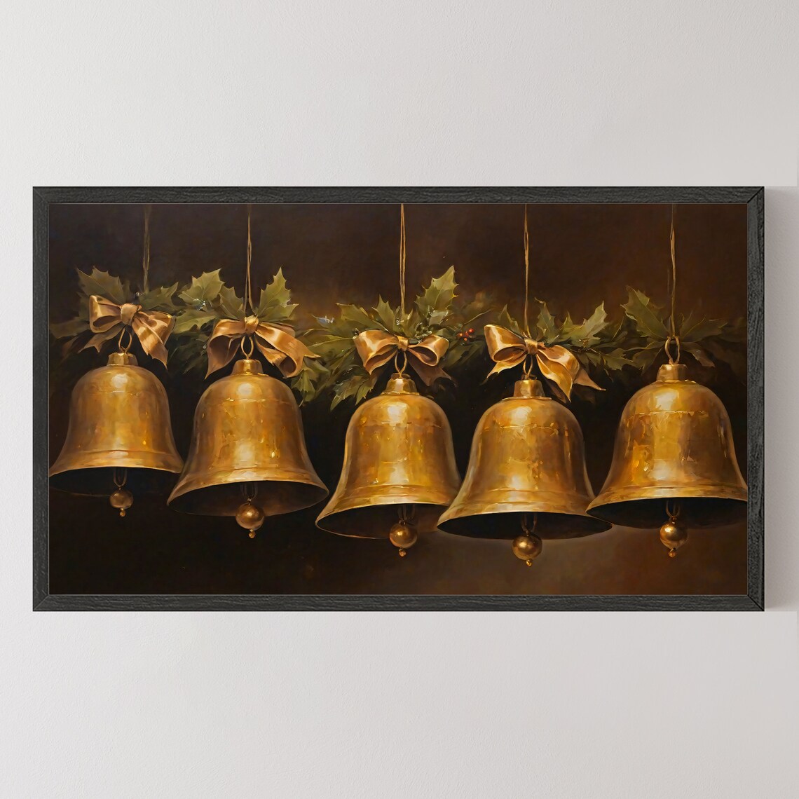 Five Antique Gold Bells with Holly Frame TV Christmas Wall Art - Image 4