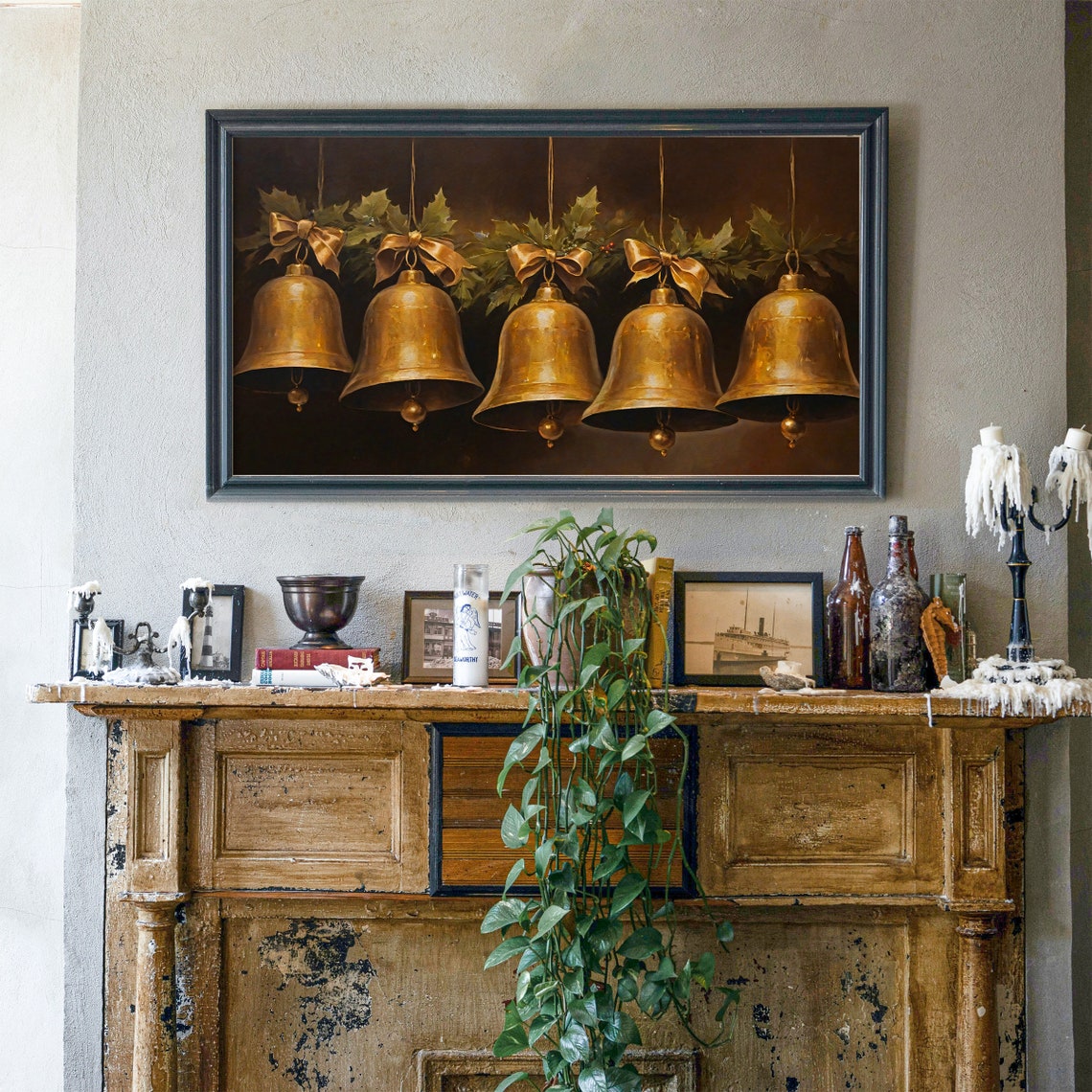 Five Antique Gold Bells with Holly Frame TV Christmas Wall Art - Image 5