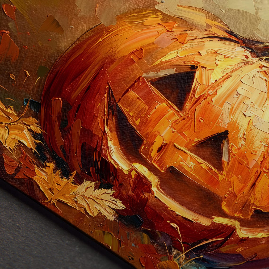 Smiling Jack O Lantern Oil Painting Autumn Leaves Halloween Poster - Image 5