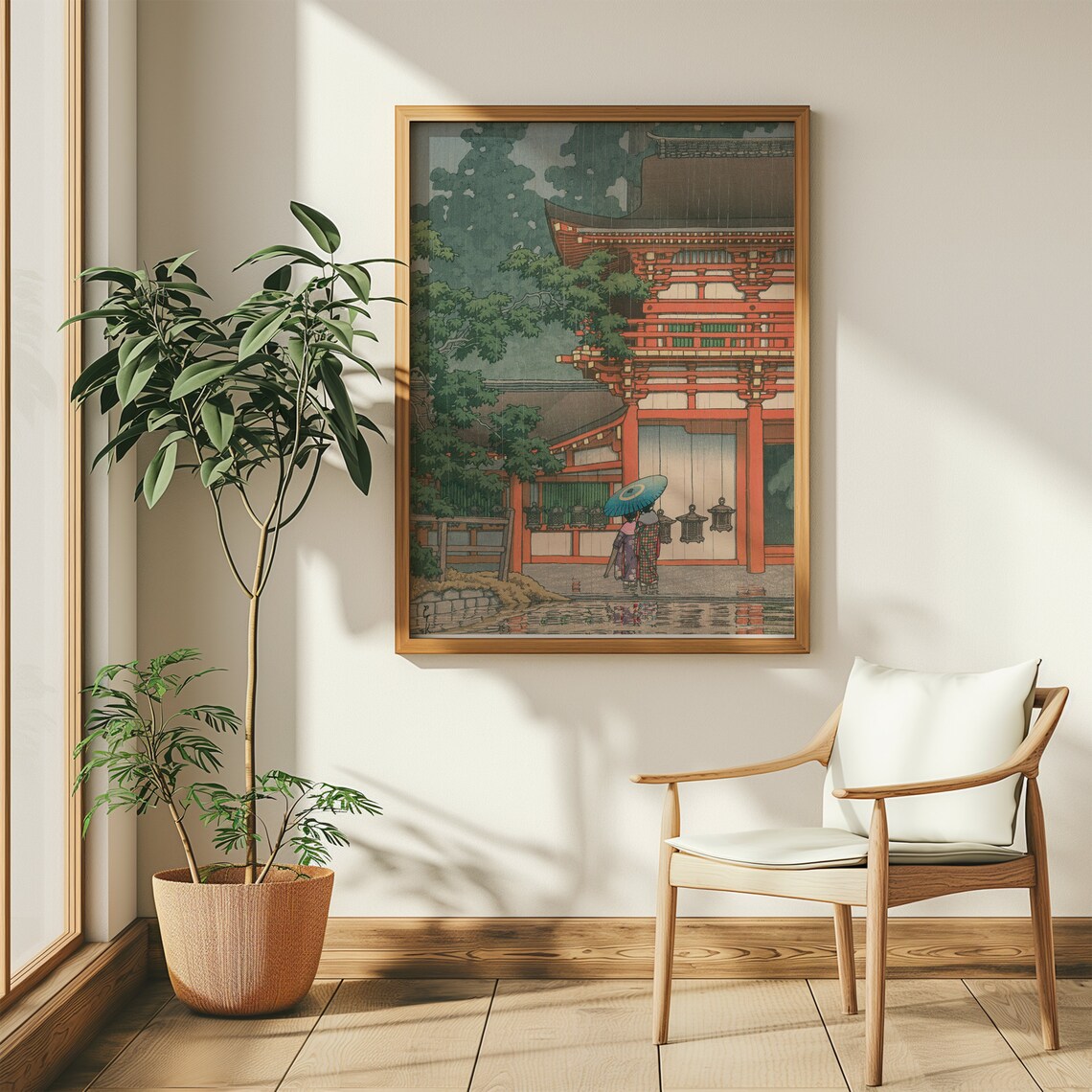 Kawase Hasui Red Temple Rain Umbrella Japanese Woodblock Wall Art - Image 3