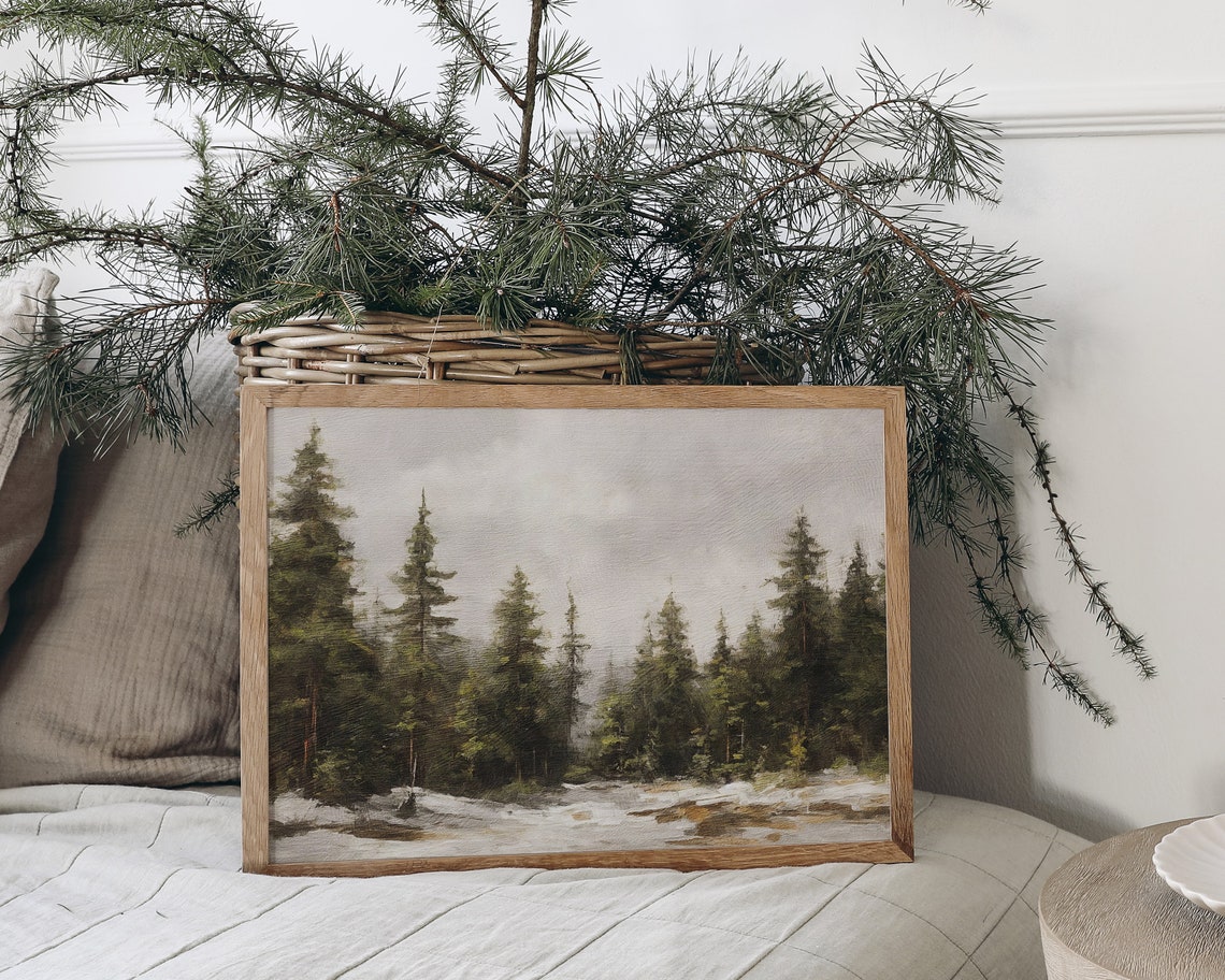 Calm Misty Pine Forest Winter Snowfall Muted Landscape Wall Art - Image 3