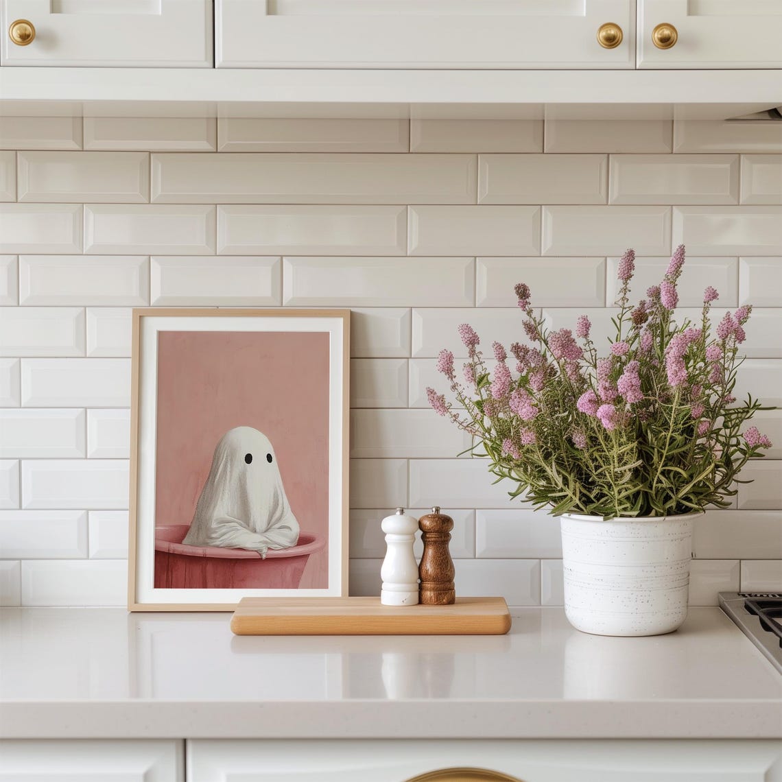 Cute Ghost In Pink Bathtub Funny Spooky Halloween Party Wall Art - Image 2