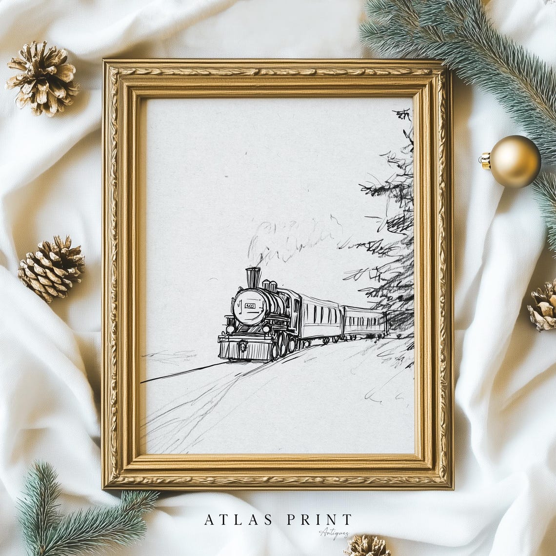 Vintage Steam Train Pencil Sketch Minimalist Winter Rail Art Poster - Image 4