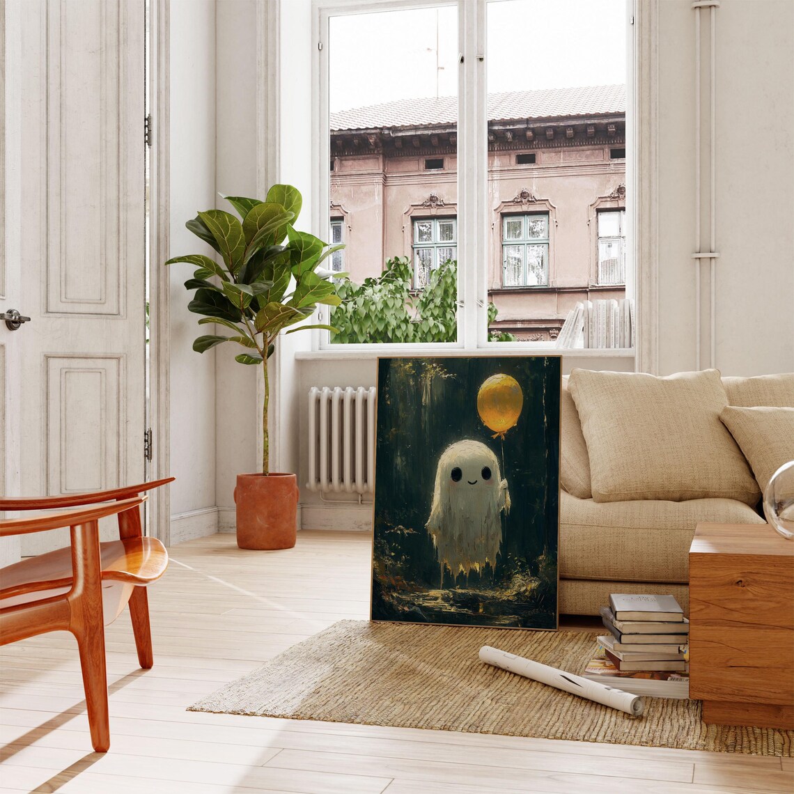 Sweet Ghost With Yellow Balloon In Dark Forest Vintage Halloween Art Poster - Image 5