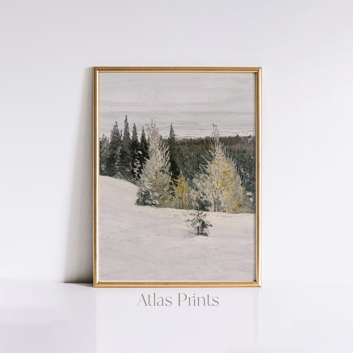 Vintage Snowy Forest Oil Painting Winter Pine Trees Muted Poster