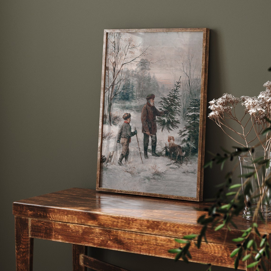 Vintage Winter Forest Painting Man Boy Cutting Christmas Tree Poster - Image 5