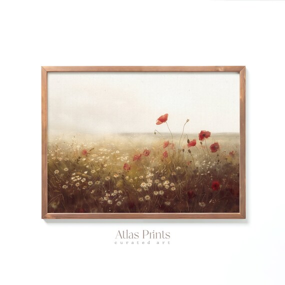 Misty Meadow With Red Poppies And White Wildflowers Dawn Painting Print