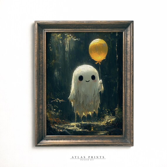 Sweet Ghost With Yellow Balloon In Dark Forest Vintage Halloween Art Poster