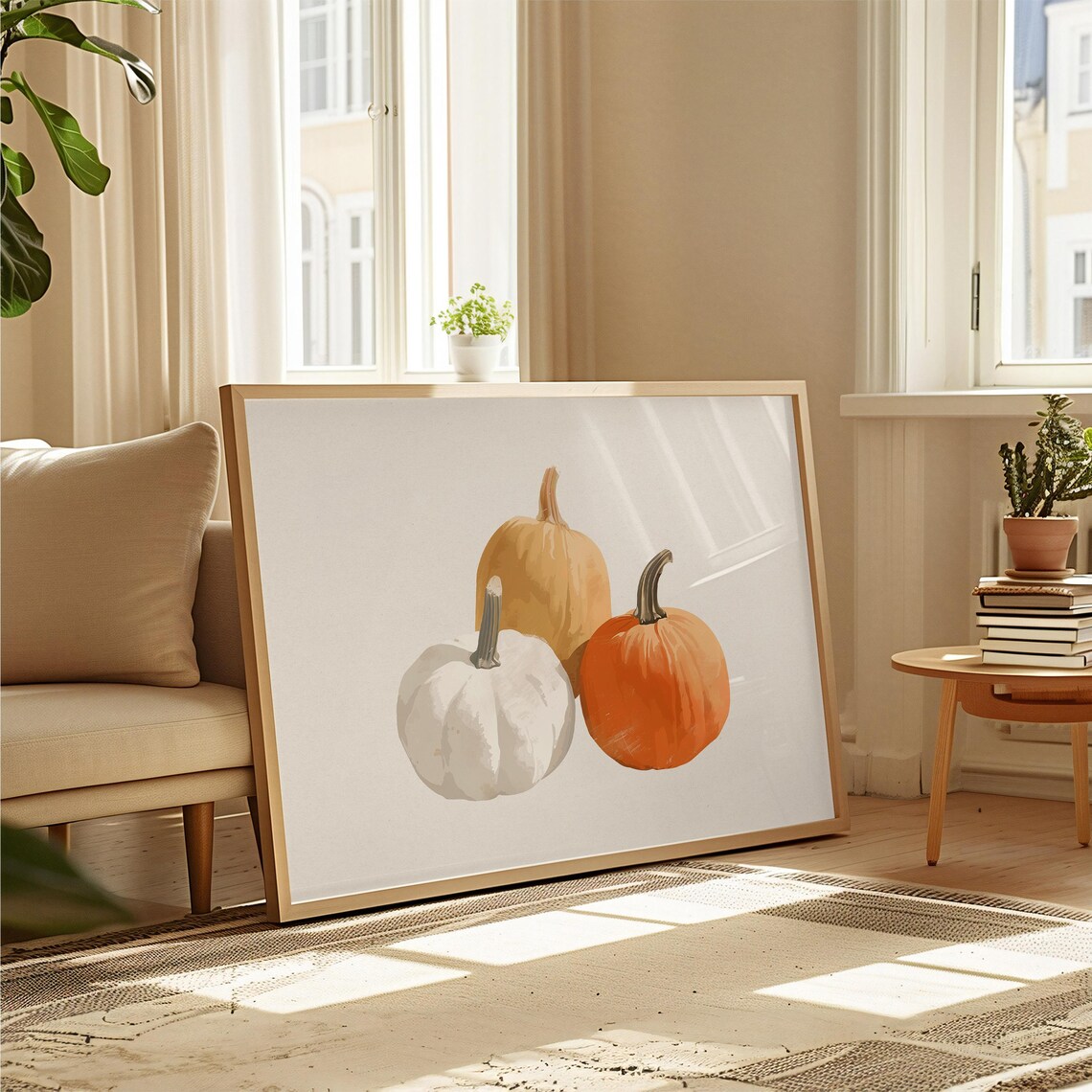 Trio of Watercolor Pumpkins Orange White Rustic Autumn Harvest Poster