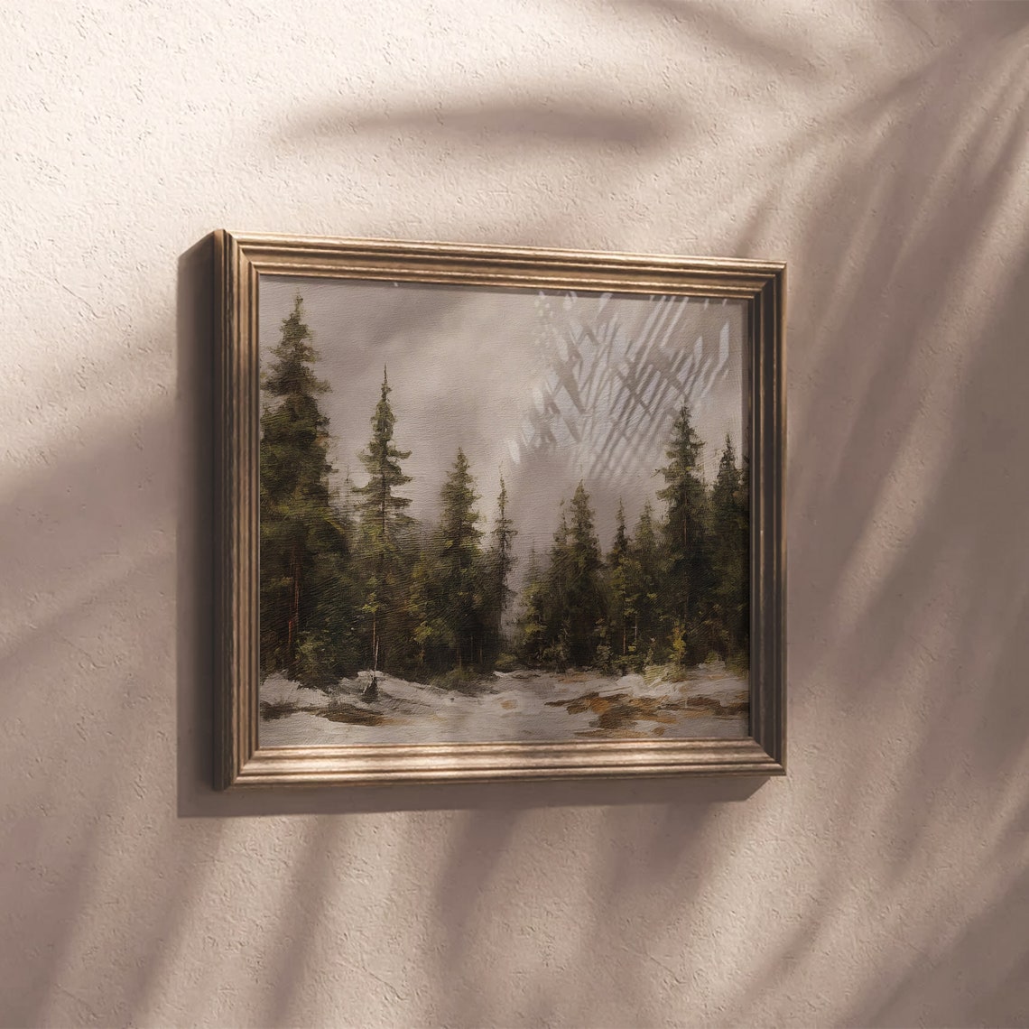 Calm Misty Pine Forest Winter Snowfall Muted Landscape Wall Art - Image 2