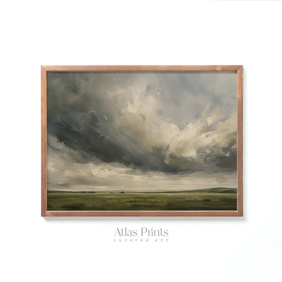 Vintage Spring Landscape Print Moody Rustic Summer Oil Painting Cloudy Pasture Scenery Country Farmhouse Dcor Wall Art