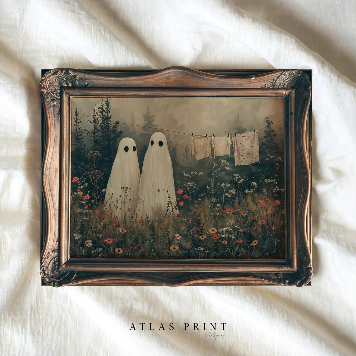 Cute Ghosts In A Wildflower Meadow Print Spooky Halloween Painting Laundry Room Decor Vintage Fall Wall Art Prints - Image 5