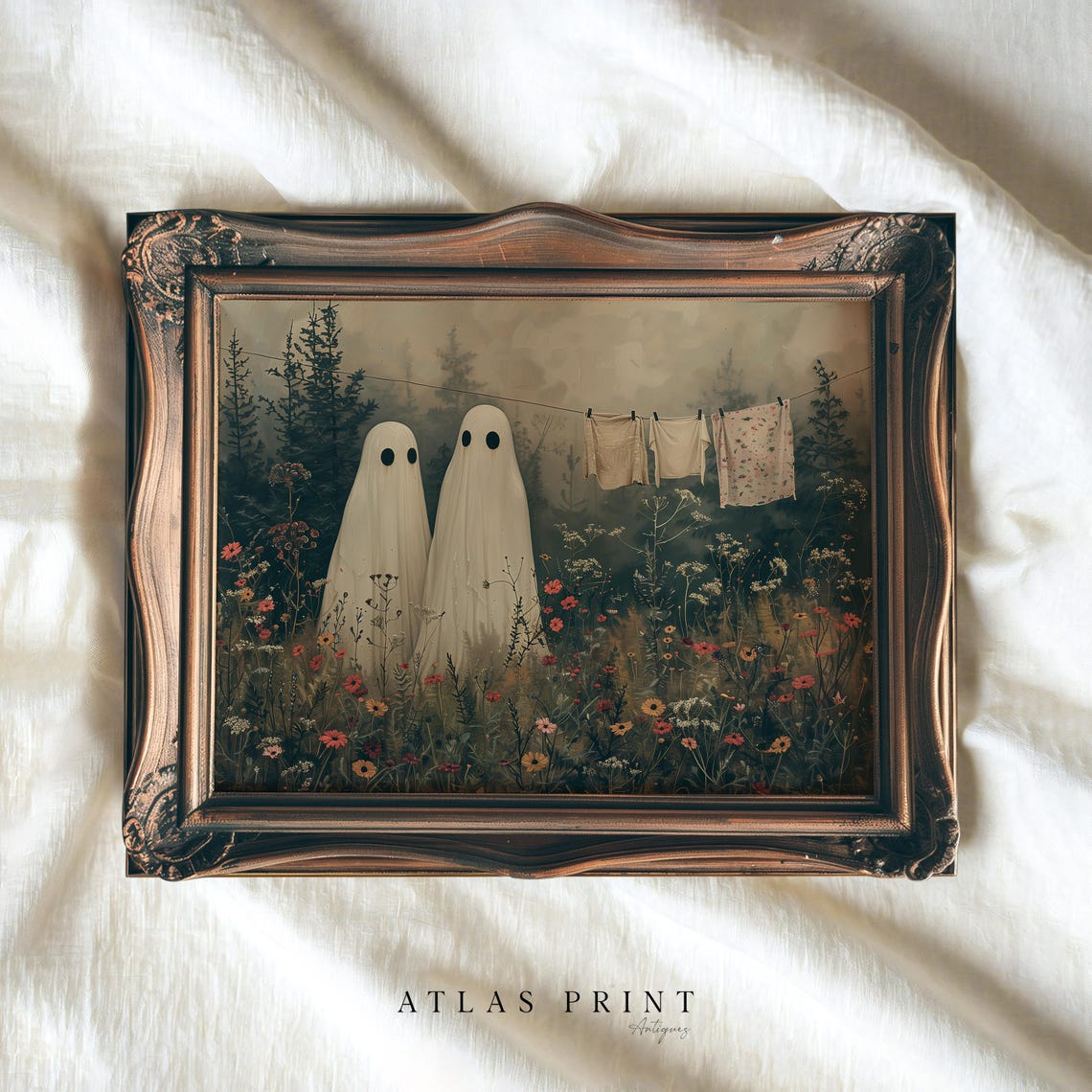 Two Cute Ghosts Clothesline Wildflower Meadow Spooky Cute Wall Art - Image 5