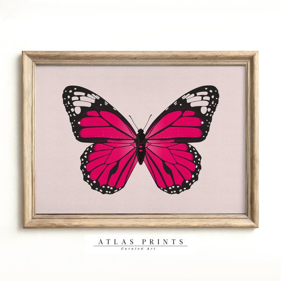 Vintage Pink Butterfly Print Girl Nursery Wall Art Moth Painting Girls Room Coquette Decor