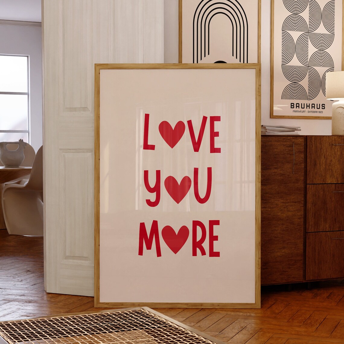 Love You More Red Heart Typography Romantic Home Decor Quote Poster
