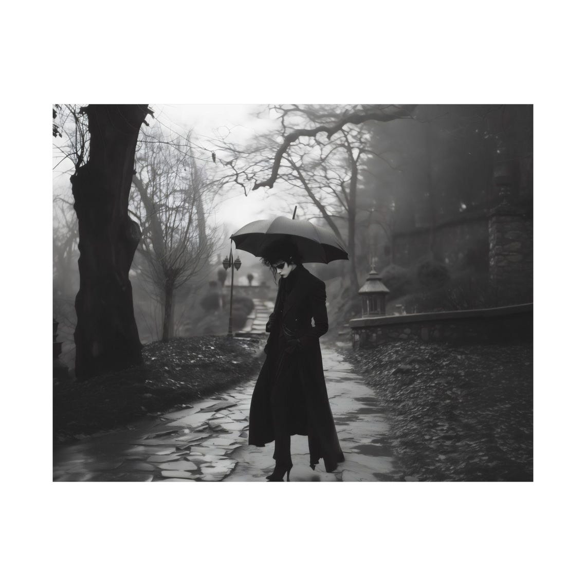 Black and White Gothic Woman with Umbrella in Foggy Park Poster - Image 3
