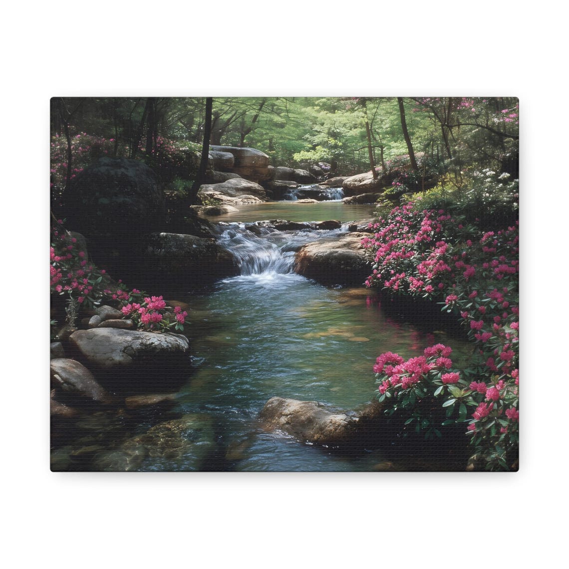 Serene Emerald Forest Creek Pink Blooms Cascading Falls Wall Art - Image 2