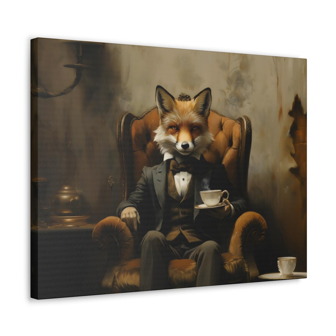 Fox in Suit Drinking Tea Victorian Armchair Oil Painting Animal Poster - Image 4